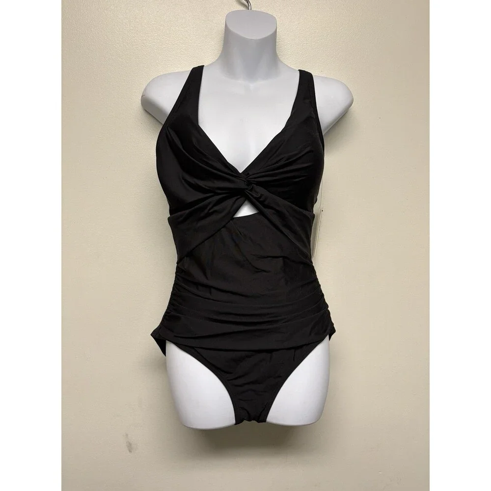 Dkny Plunge Tummy Control Twist Front One-Piece Swimsuit, Black, Women’s Medium - Picture 2 of 7